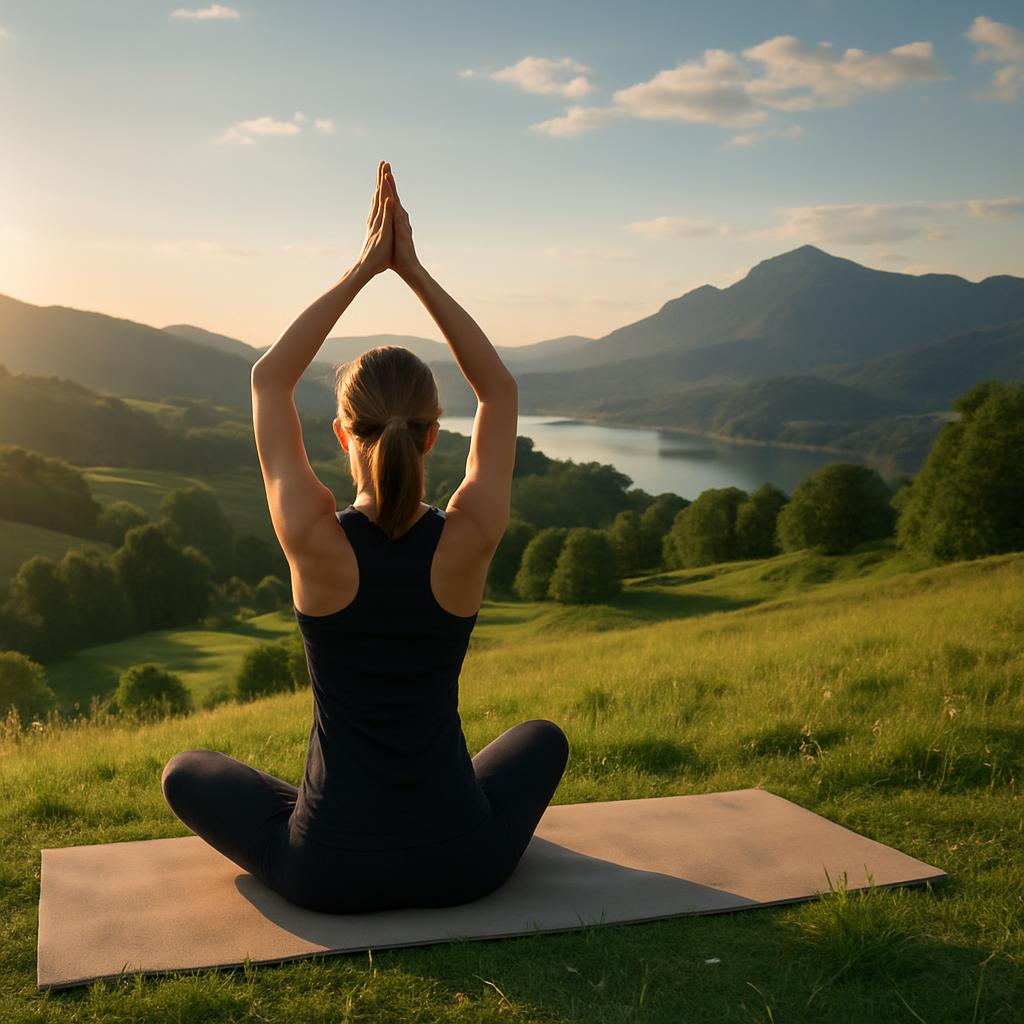 * The woman in the image performs yoga in a picturesque mowed field overlooking a serene blue lake, set in rolling hills a...
